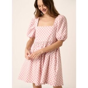 Mittoshop Checkered Mini Dress Women Med Pink White Puff Sleeve Babydoll Retro